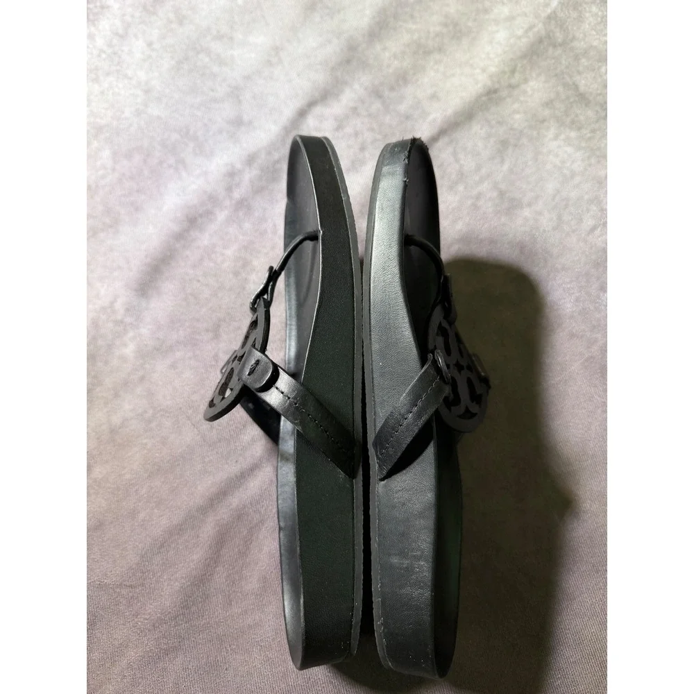 Tory Burch Miller Cloud Black Leather Logo Thong Sandals Womens 9